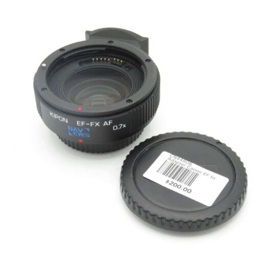 Kipon Baveyes EF-FX AF 0.7x lens adapter with cap and price tag showing $200.