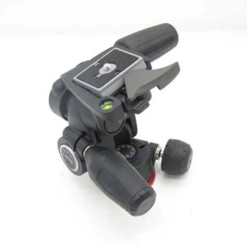 Black and grey camera tripod head with control levers and a level indicator.