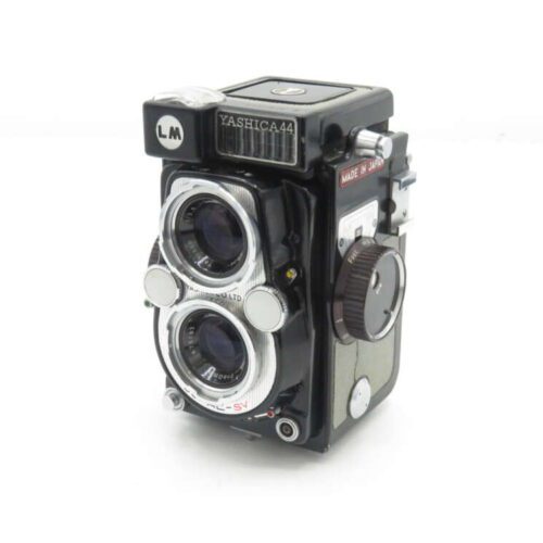 Vintage Yashica 44 twin-lens reflex camera with a black and chrome finish.