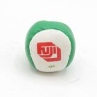 Round green and white hacky sack with a red logo on the white side.