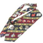 Necktie with a vintage camera and film roll pattern on a brown and maroon background.