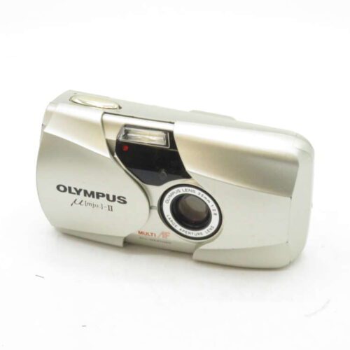 Silver Olympus mju-II 35mm compact film camera with 35mm lens and multi-AF.