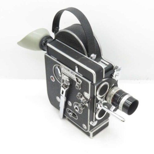 Vintage Bolex H16 movie camera with a black and silver body, various control knobs, side crank handle, and optical viewfinder.