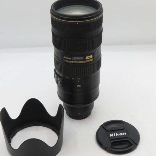Nikon AF-S Nikkor 70-200mm f/2.8G ED VR II lens with a lens hood and lens cap.