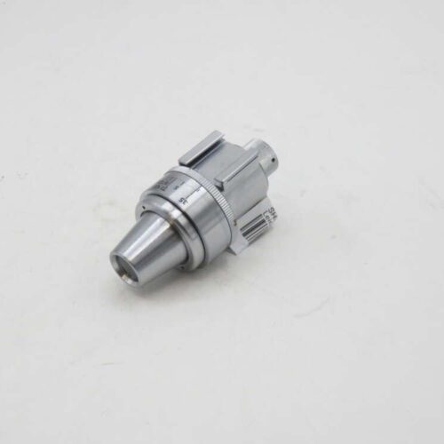 Metal chuck with a tapered end and adjustable mechanism, placed on a white background.