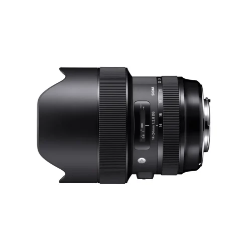 A Sigma 14-24mm f/2.8 DG HSM Art series camera lens viewed from the side.