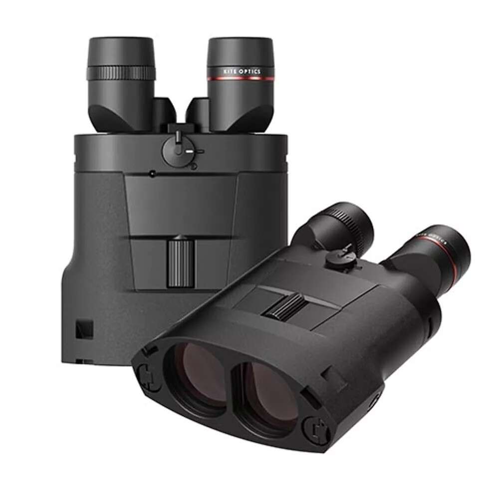lion A pair of black Kite Optics binoculars with adjustable eyepieces and a sturdy design, positioned upright and tilted sideways for display.