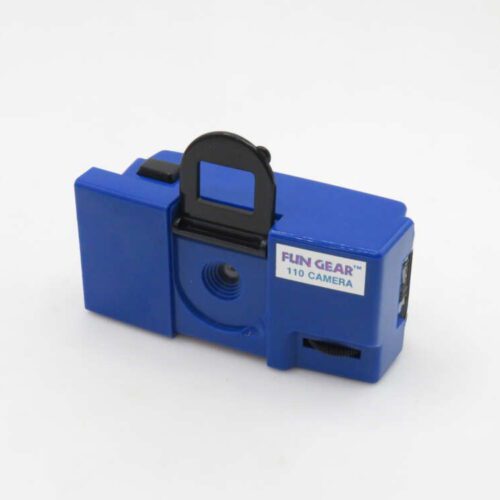 A blue plastic 110 film camera labeled "FUN GEAR."
