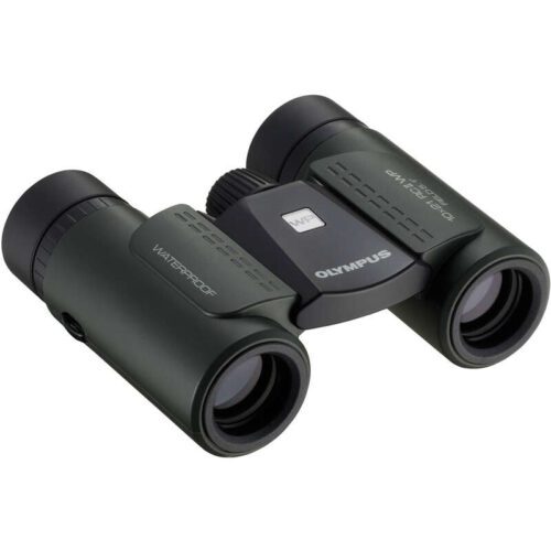 Compact, dark green Olympus binoculars with waterproof labeling and a dial for adjusting focus.