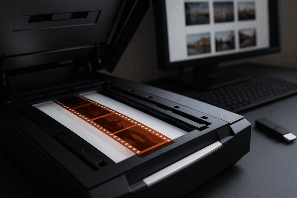A flatbed scanner with a strip of photographic film placed on its glass surface, capturing images from the negatives. A computer monitor displaying scanned images is visible in the background, alongside a keyboard and a USB drive on the desk.