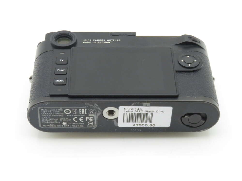 Back view of a Leica M10 camera in black, showing the screen, control buttons, and a label with a price of $7950.