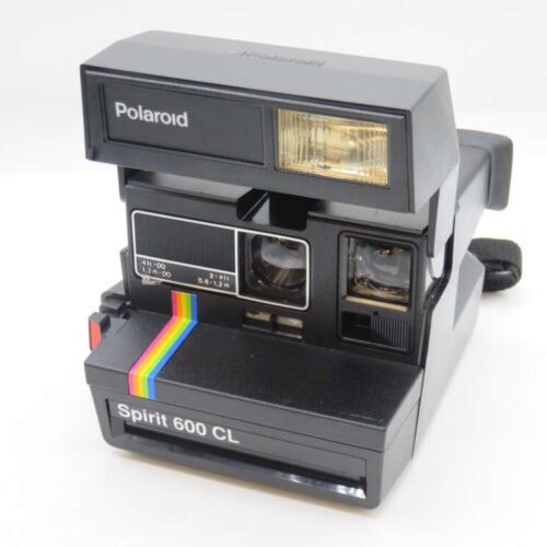 A vintage Polaroid Spirit 600 CL instant camera with a distinctive rainbow stripe design, featuring a built-in flash and classic boxy shape, displayed against a plain white background.