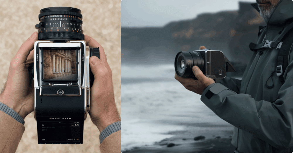 Two images side by side: on the left, hands holding a Hasselblad camera with a historical building displayed on the viewfinder; on the right, a person in a grey jacket holding a modern Hasselblad camera by the seaside.
