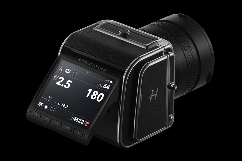 Hasselblad cameras featuring a digital display showing settings like aperture f/2.5, ISO 64, and shutter speed 180, with a textured lens in a sleek black and silver design, set against a black background.
