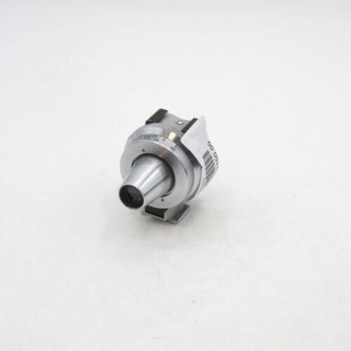 A metallic mechanical component with a cylindrical shape and a smaller protruding nozzle, placed on a plain white background.