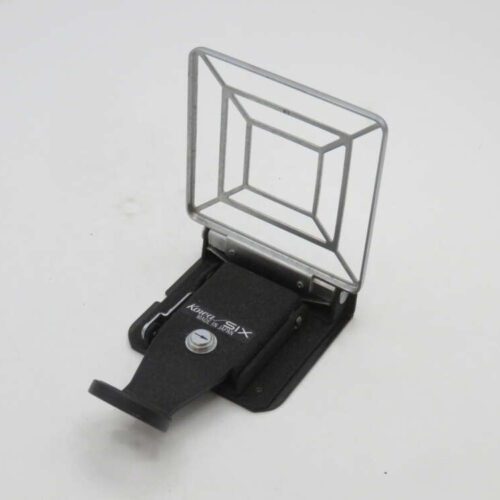 A metal sports finder with a rectangular grid and labeled "Kowa SIX" on a black base, designed for use on a camera, against a white background.