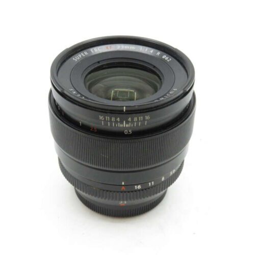 Camera lens with "SUPER EBC XF 23mm 1:1.4 R" text, featuring a focus ring and aperture ring.