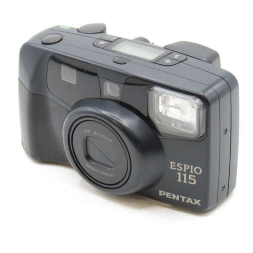 A black Pentax Espio 115 compact film camera with a built-in flash and zoom lens.