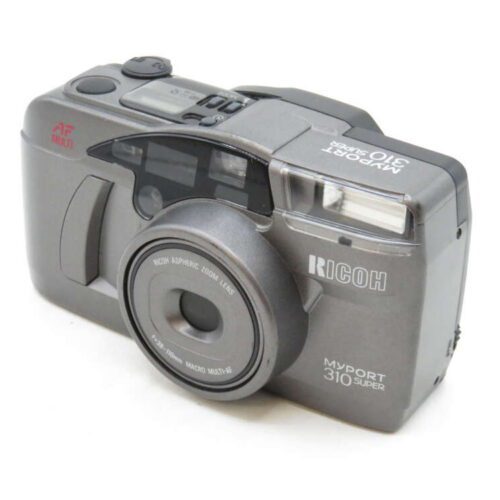 Ricoh Myport 310 Super film camera with a grey body and lens details.