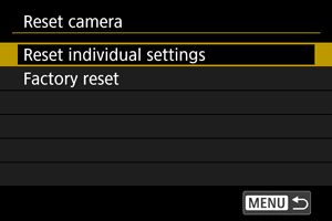 Camera menu screen highlighting "Reset individual settings" option among reset options.