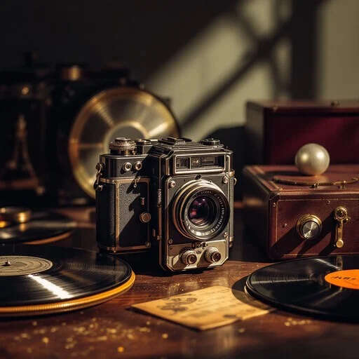 A vintage camera among vinyl records and antique audio equipment on a wooden surface.