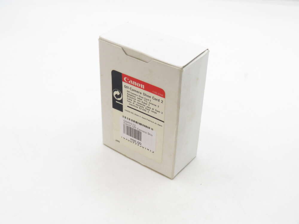 IMG_3357 A white box of Canon Off-Camera Shoe Cord 2 on a plain white background.