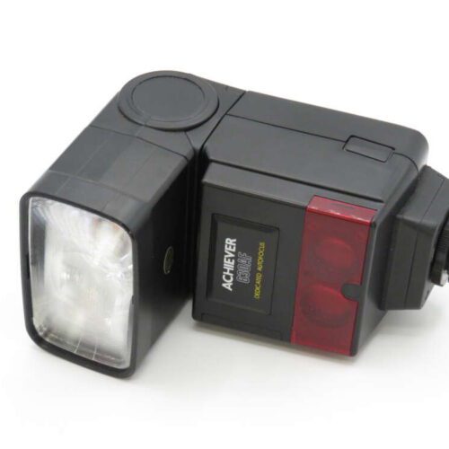 A black Achiever G318 flash unit with a tilted head and red front details.