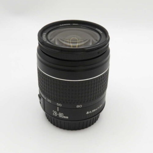 A black Canon lens with a zoom range of 28-80mm against a plain background.